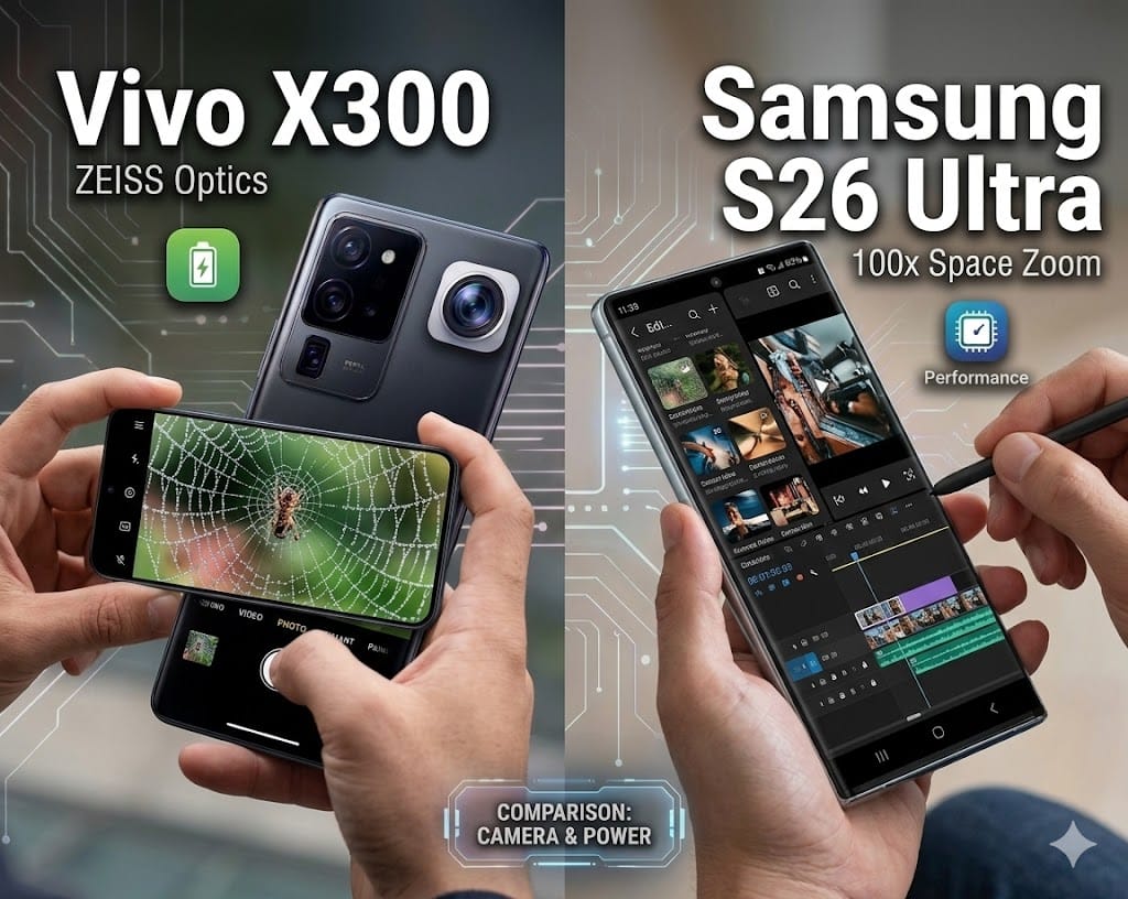 Hands holding Vivo X300 with ZEISS optics and Samsung S26 Ultra with S-Pen, demonstrating real-world camera and power performance comparison."